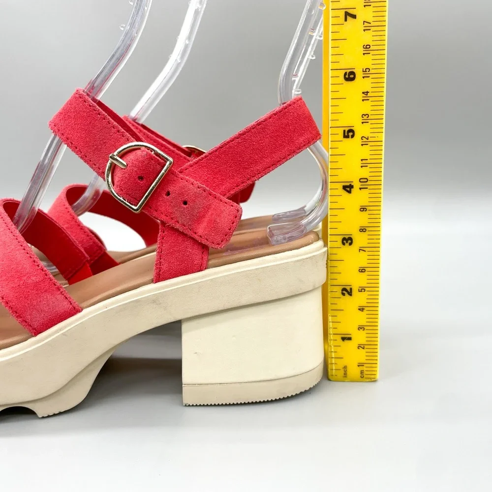 Sorel Joanie Heel Sandals Womens 9.5 Pink Red Suede Chunky Platform Strappy Shoe